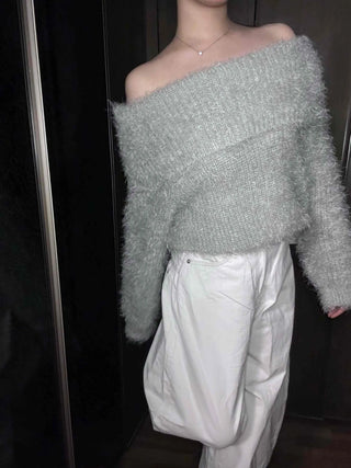 Soft Fuzzy Square Neck Balloon Sleeve Knit