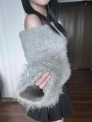 Soft Fuzzy Square Neck Balloon Sleeve Knit