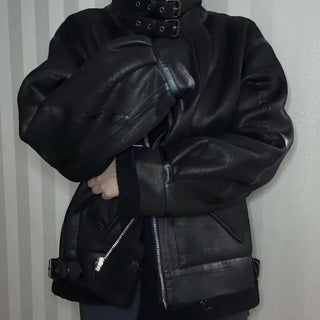 Double Buckle High-Neck Oversized Eco Leather Rider Jacket