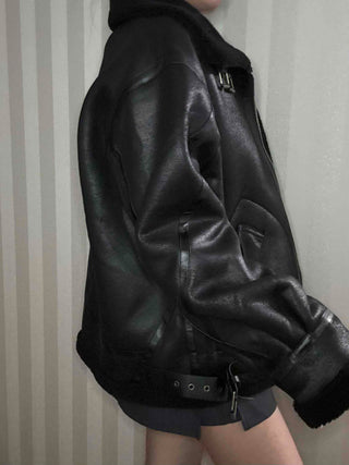 Double Buckle High-Neck Oversized Eco Leather Rider Jacket