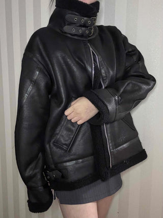 Double Buckle High-Neck Oversized Eco Leather Rider Jacket