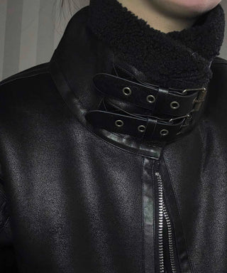 Double Buckle High-Neck Oversized Eco Leather Rider Jacket