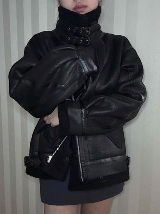 Double Buckle High-Neck Oversized Eco Leather Rider Jacket
