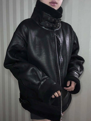 Double Buckle High-Neck Oversized Eco Leather Rider Jacket