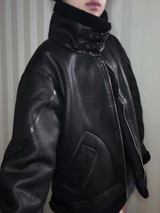 Double Buckle High-Neck Oversized Eco Leather Rider Jacket