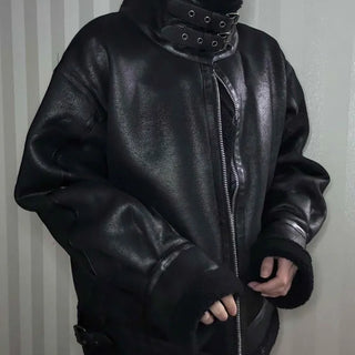 Double Buckle High-Neck Oversized Eco Leather Rider Jacket