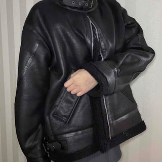 Double Buckle High-Neck Oversized Eco Leather Rider Jacket