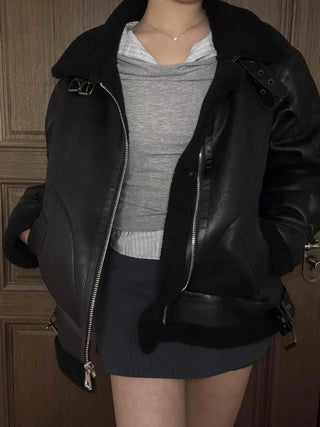 Double Buckle High-Neck Oversized Eco Leather Rider Jacket