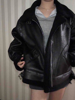 Double Buckle High-Neck Oversized Eco Leather Rider Jacket