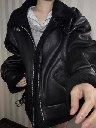 Double Buckle High-Neck Oversized Eco Leather Rider Jacket