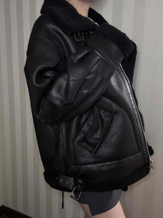 Double Buckle High-Neck Oversized Eco Leather Rider Jacket