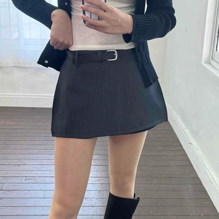 Semi-Flare Striped Belted Mini Skirt