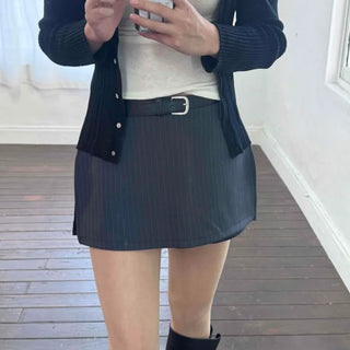 Semi-Flare Striped Belted Mini Skirt