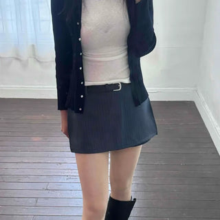Semi-Flare Striped Belted Mini Skirt