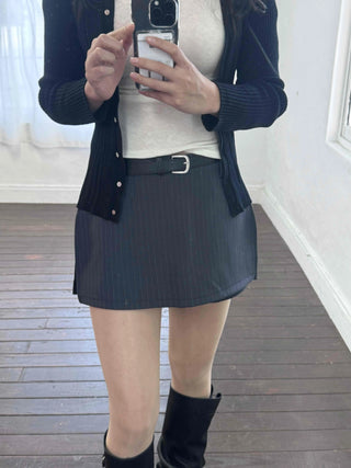 Semi-Flare Striped Belted Mini Skirt