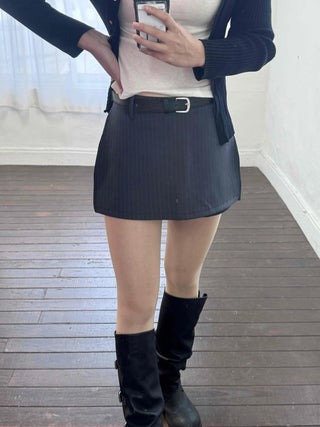 Semi-Flare Striped Belted Mini Skirt
