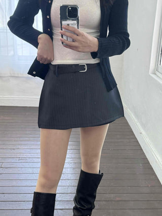 Semi-Flare Striped Belted Mini Skirt