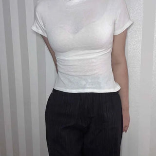 Shirring Detail Mock Neck Slim Fit Short Sleeve T-shirt