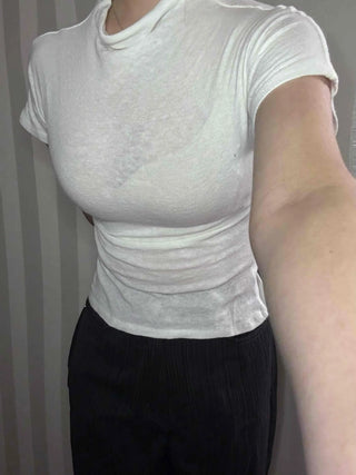 Shirring Detail Mock Neck Slim Fit Short Sleeve T-shirt