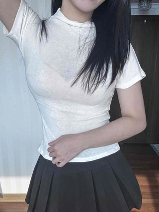 Shirring Detail Mock Neck Slim Fit Short Sleeve T-shirt