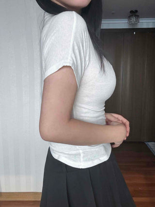 Shirring Detail Mock Neck Slim Fit Short Sleeve T-shirt