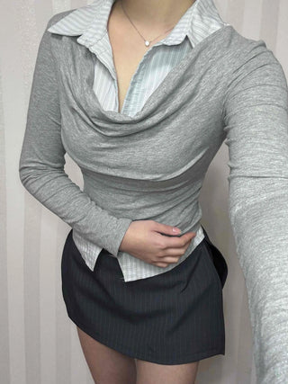 Formal Layered Off-Shoulder Slim Fit Long Sleeve Tee