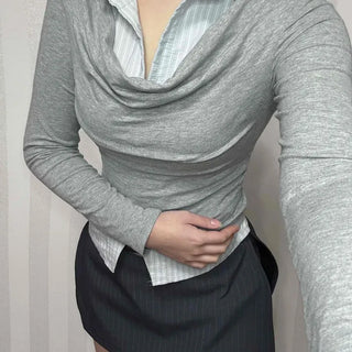 Formal Layered Off-Shoulder Slim Fit Long Sleeve Tee