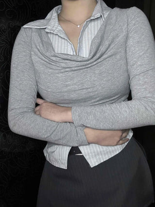 Formal Layered Off-Shoulder Slim Fit Long Sleeve Tee