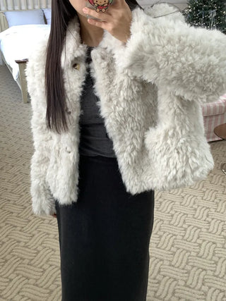 Real Mouton Shirred Loose Fit Shearling Jacket