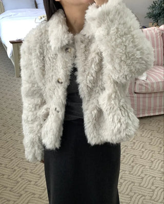 Real Mouton Shirred Loose Fit Shearling Jacket