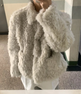 Real Mouton Shirred Loose Fit Shearling Jacket