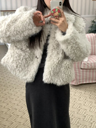 Real Mouton Shirred Loose Fit Shearling Jacket