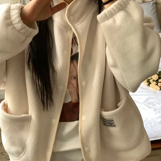 Loose Fit Tumble Snap Button Collar Fleece Jacket