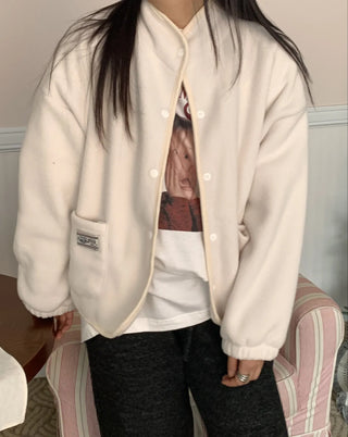 Loose Fit Tumble Snap Button Collar Fleece Jacket