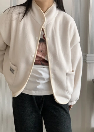 Loose Fit Tumble Snap Button Collar Fleece Jacket