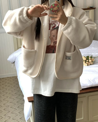Loose Fit Tumble Snap Button Collar Fleece Jacket