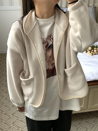 Loose Fit Tumble Snap Button Collar Fleece Jacket