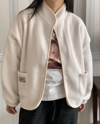 Loose Fit Tumble Snap Button Collar Fleece Jacket