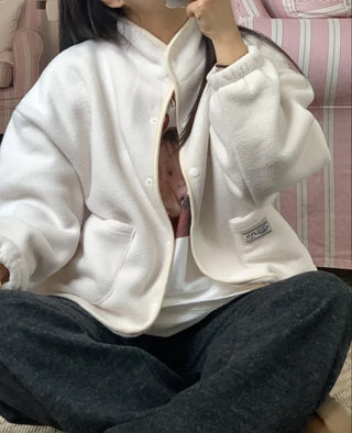 Loose Fit Tumble Snap Button Collar Fleece Jacket