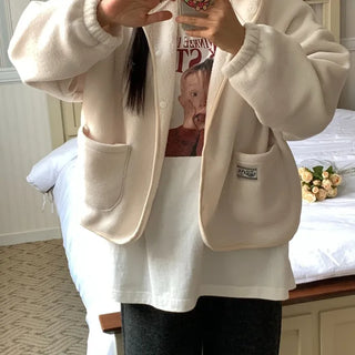 Loose Fit Tumble Snap Button Collar Fleece Jacket
