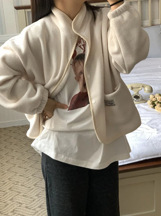 Loose Fit Tumble Snap Button Collar Fleece Jacket