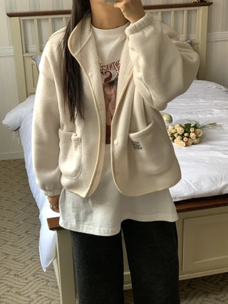 Loose Fit Tumble Snap Button Collar Fleece Jacket