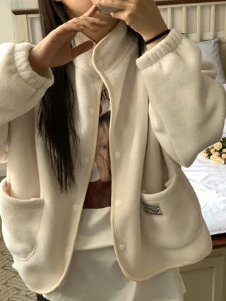 Loose Fit Tumble Snap Button Collar Fleece Jacket