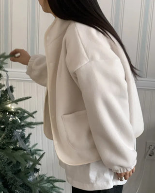 Loose Fit Tumble Snap Button Collar Fleece Jacket