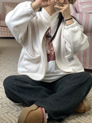 Loose Fit Tumble Snap Button Collar Fleece Jacket