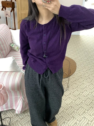 Basic Round Neck Button Long Knit Cardigan