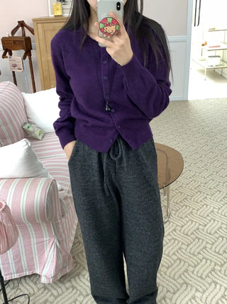 Basic Round Neck Button Long Knit Cardigan