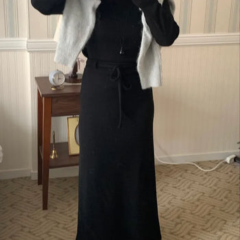 Formal Belted Shirred Slim Fit Turtleneck Dress