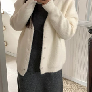 Soft Fluffy Round Neck Snap Button Voluminous Sleeve Cardigan