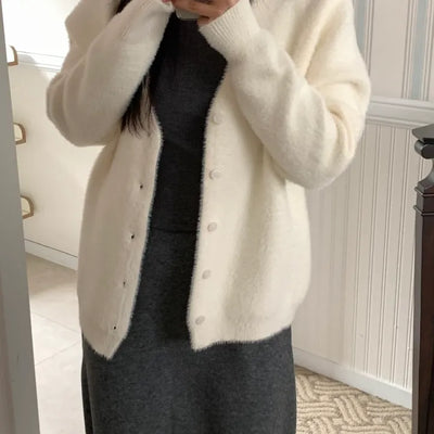 Soft Fluffy Round Neck Snap Button Voluminous Sleeve Cardigan